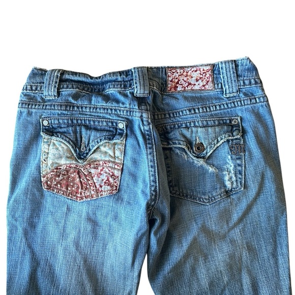Miss Me Women's Blue Jeans Patchwork Back Pockets 29 Festival. Bootcut Low Rise - Picture 1 of 5